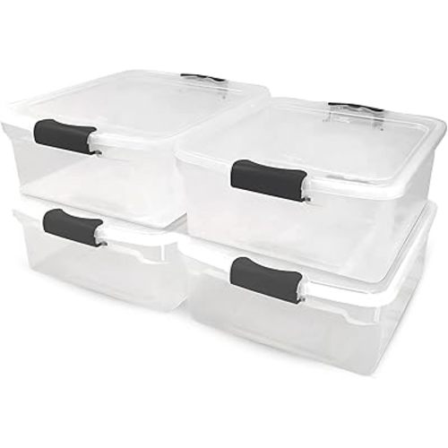 HOMZ 4-Pack Latching Lid, Clear Plastic Storage Organizer Bins, 15.5 Quart, Gray Latch - Stackable Organizing Containers for Home, Garage, and Office