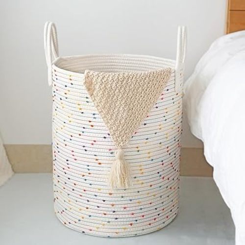 Tall Laundry Basket Colorful Pompom Hamper for Kids Cute Nursery Storage Organizer Cotton Rope Woven Basket for Girls Boys Toys Blanket Clothes Basket 14”x18”