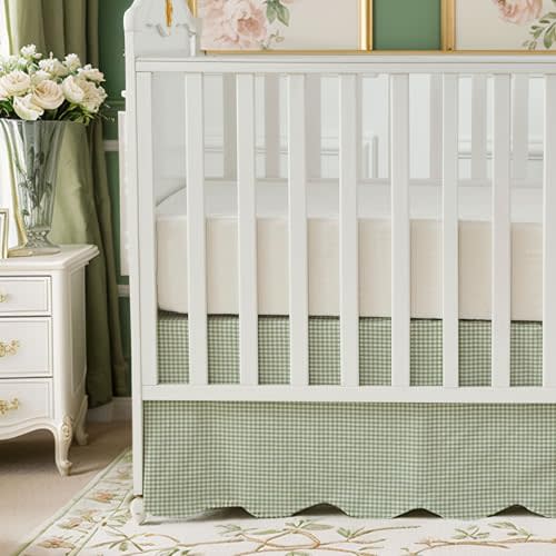 Brandream Scallop Edge Cotton Crib Skirt, Baby Boy, Baby Girl, Gender Neutral Crib Skirt Toddler Bedskirt Farmhouse Chic Nursery Crib Bed Skirt, Boho Bohemian Solid Green Gingham