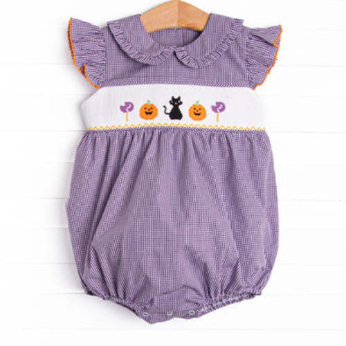 Trick or Treat Tabby Smocked Bubble, Purple – Stitchy Fish