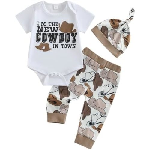 Baby Boy Western Clothes Cowboy Letter Short Sleeve Romper Cowboy Boots Hat Pattern Pant Newborn 3Pcs Country Outfit