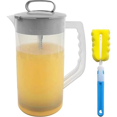 1 Pack Mixing Pitcher for Drink, 2 Quart/ 64oz Plastic Water Pitcher with Lid and Clean Sponge Brush, Angled Plastic Blades and Adjustable Mixer Plunger for Juice, Milk, Beverage Container