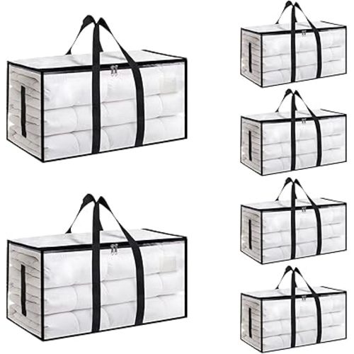 6 Pack-Extra Large Heavy Duty Moving Bags - Waterproof Storage Totes with Handles & Zippers, Foldable for College Dorm, Storage (Clear)