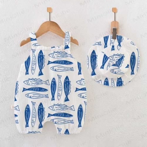 Baby Blue Fishes Romper with Hat