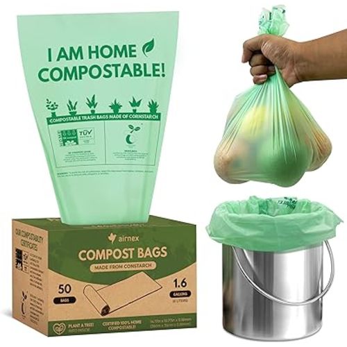 50 Small Compost Bags for Countertop Bin 1.6 Gal - Cornstarch Compost Trash Bags - Leakproof & Tear Resistant Compostable Bags for Kitchen Compost Bin - OK Compost Home & Seedlings Certified