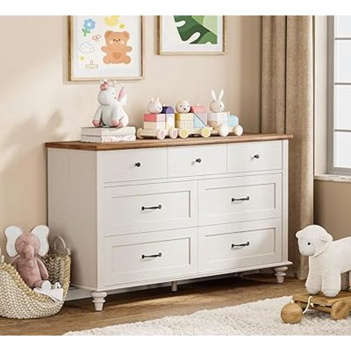 WAMPAT Kids Dresser with 7 Drawers for Bedroom, White Baby Dresser for Nursery & Kids Room, Mid Century Modern Chests & Dressers, Distressed Wide Dresser Organizer for Children’s Bedroom, 54 Inch