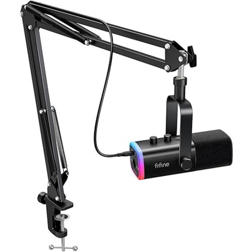 FIFINE XLR/USB Gaming Microphone Set, Dynamic PC Mic for Streaming Podcasting, Computer RGB Mic Kit with Boom Arm Stand, Mute Button, Headphones Jack, for Recording Vocal Voice-Over-AmpliGame AM8T