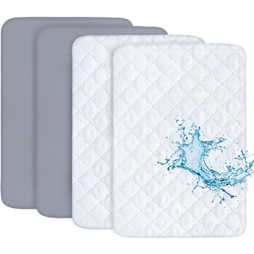 Biloban Pack and Play Sheets and Waterproof Mattress Protector Pad Cover 4 Pack Set, Ultra Soft, Grey, Noiseless Waterproof, Machine Wash