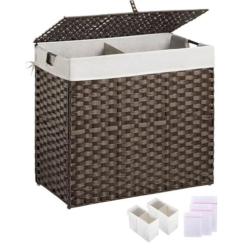 Greenstell Laundry Hamper with lid, No Install Needed, 130L Wicker Laundry Baskets Foldable 2 Removable Liner Bags, 2 Section Clothes Hamper Handwoven Rattan Laundry Basket with Handles, Brown