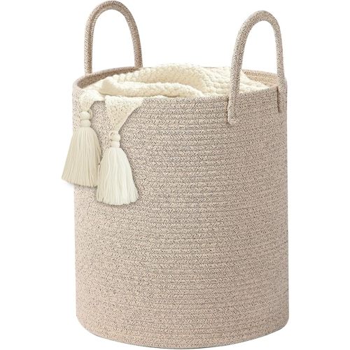 Large Woven Laundry Basket Hamper, 60L Cotton Rope Storage Basket for Blankets in Living Room, Decorative Tall Nursery Hamper for Clothes and Toys, White and Brown