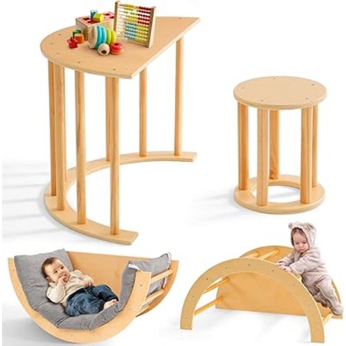 Climbing Arch, 5 in 1 Wooden Climbing Arch for Toddlers, Montessori Sensory Arch Table with Cushion & Stool, Ideal Indoor Gym Learning Gift for Kids 2-6 Years