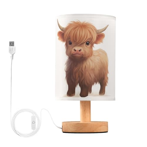 Oarencol Bedside Table Lamp Cute Highland Cow Animal Nightstand Lamp with Wood Desk Lamps for Bedroom Living Room Nursery Office Home Decor