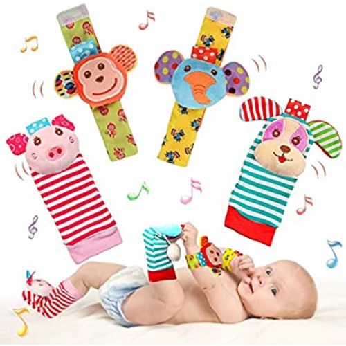 SSK Soft Baby Wrist Rattle Foot Finder Socks Set,Cotton and Plush Stuffed Infant Toys,Birthday Holiday Birth Present for Newborn Boy Girl 0/3/4/6/7/8/9/12/18 Months Kids Toddler,4 Cute Animals