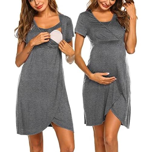 Ekouaer Nursing Nightgown 3 In 1 Maternity Nightgown Short Sleeve Nursing Gown Breasfeeding Sleepwear Delivery Dress