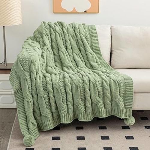 Cyusri Chunky Cable Knit Throw Blanket Lightweight Blanket for Sofa Couch Bed Chic Modern Farmhouse, 51"x 63",Sage Green