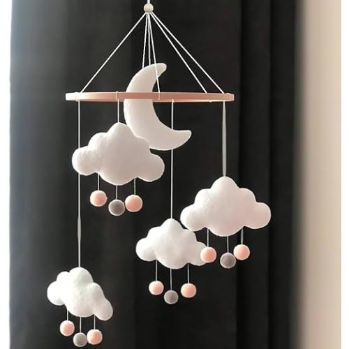 Baby Crib Mobile for Boys Girls, Gender Neutral Hand-Crocheted Mobile, Boho Nursery Mobile, Shower Set for Infant Bedroom Hanging DecorationCeiling Mobile - Moon, Stars, Clouds (Snowy Clouds Mobile)