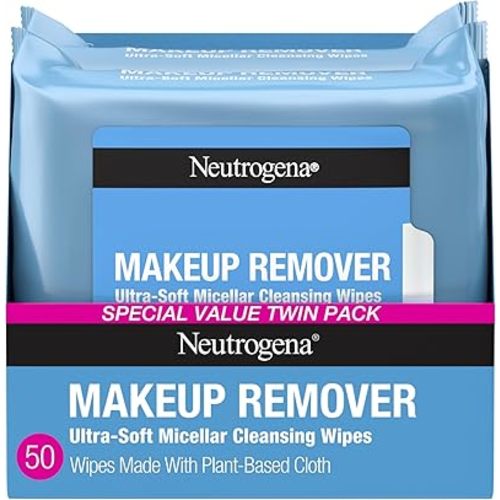 Neutrogena Makeup Remover Wipes Micellar Alcohol-Free Face Towelettes Remove Waterproof Mascara & Oil, Compostable 100% Plant-Based Cloth, Dermatologist & Ophthalmologist Tested, Twin Pack 2 x 25 ct