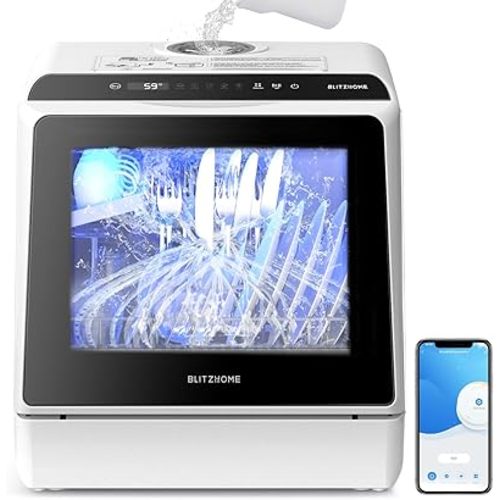 BLITZHOME Portable Dishwasher Countertop, WIFI Smart Dishwasher, Compact Dishwashers with 5L Built-in Water Tank, 6 Programs, 360° Dual Spray, High-Temp& Air-Dry Function, Fruit Cleaning