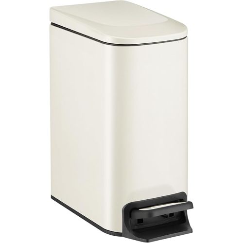 TIPGO Slim Bathroom Trash Can with Lid Soft Close, 6 Liter / 1.6 Gallon Stainless Steel Garbage with Removable Inner Bucket, Small Trash Bins for Bedroom, Office (Cream)