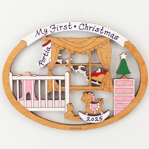 Personalized Baby's First Christmas Ornament for Baby Girl or Boy - Wood, Laser Cut, Hand Painted