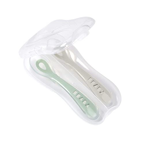 BEABA Toddler's Self-Feeding Spoon Set with Travel Case, Original Silicone Baby Spoons, Baby Essentials, Travel Set, Sage + Cloud