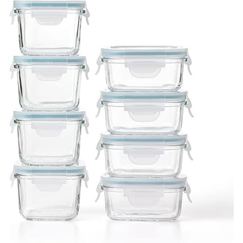 Glasslock Mini Reusable 5 Ounce Rectangular and 7 Ounce Square Tempered Glass Food Storage Container Set for Fridge and Freezer, 8 Piece Set