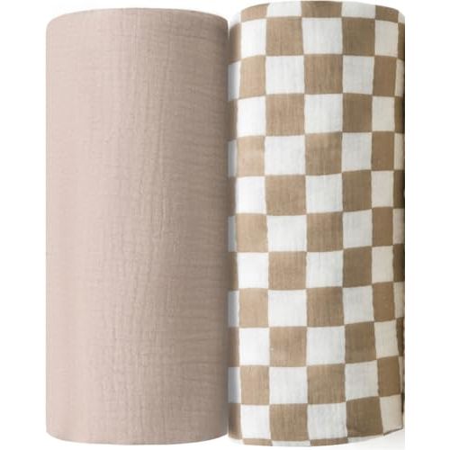 Little Jump 2-Pack Muslin Swaddle Blankets for Baby Boys Girls - Boho Baby Blanket Unisex- Large 47 x 47 inches Receiving Blanket Neutral(Khaki & Checkered)