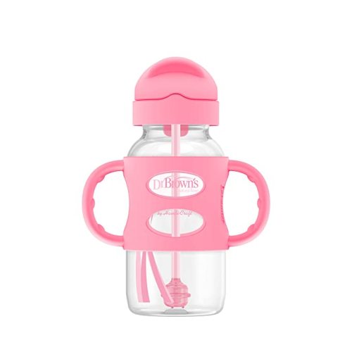 Dr. Brown's Milestones Wide-Neck Sippy Straw Bottle with 100% Silicone Handles and Weighted Straw, 9 oz/270 mL, Pink, 6m+