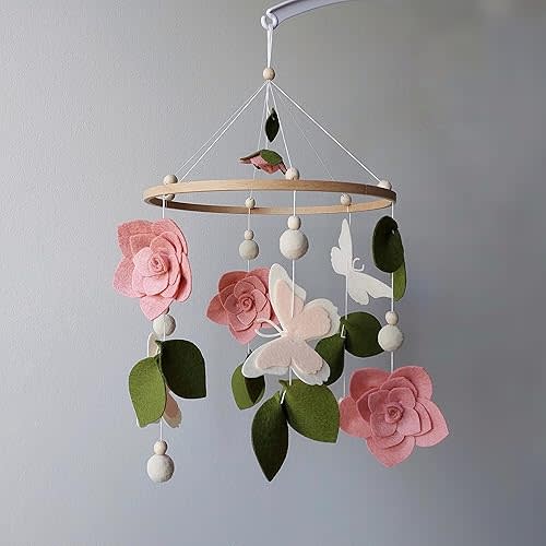 Flowers crib mobile for baby girls with butterflies Felted pink roses baby mobile over crib Floral nursery decor