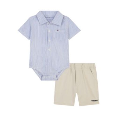 Baby Boy 2-Piece Seersucker Stripe Button Front Bodysuit Washed Twill Shorts Set