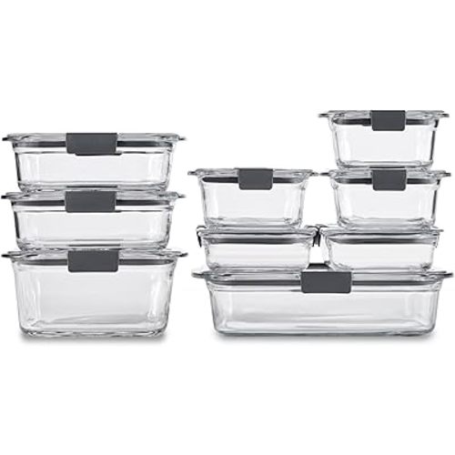 Rubbermaid Brilliance Glass Food Storage Containers, Assorted Sizes, Set of 9, BPA-Free, Leak-Proof, Clear