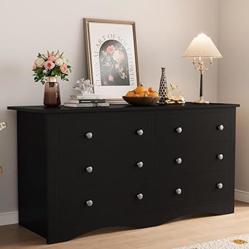 Shahoo Wood Dresser for Bedroom, Wide Chest of Drawers with 6 Drawers,Storage Tower Unit, Modern Closet Store Organizer for Living Room, Hallway (Black)