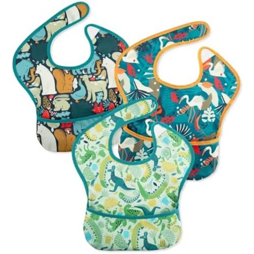 Mess Proof Baby Bib 3 Pack, Waterproof Led Weaning Baby Feeding Bibs with Food Catcher, Travel Feeding Bibs