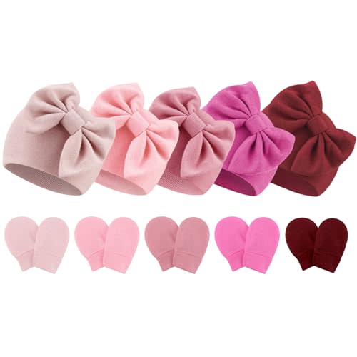 Newborn Baby Hats and Mittens Set Infant Bow Beanie Cap Toddler Gloves Newborn Hospital Hats for Baby Boy Girl 0-12 Months