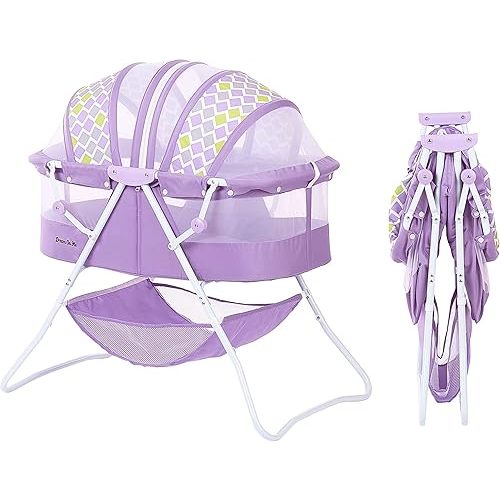 Karley Bassinet in Periwinkle, Lightweight Portable Baby Bassinet, Quick Fold and Easy to Carry , Adjustable Double Canopy, Indoor and Outdoor Bassinet with Large Storage Basket.