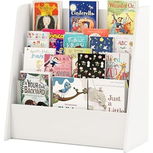 HONEY JOY Kids Bookshelf, 4-Tier Wooden Toddler Bookcase, Children Book Rack & Magazine Display Shelf, Toy Storage Organizer, Book Shelf for Kids Rooms, Playroom, Nursery, Classroom (White)