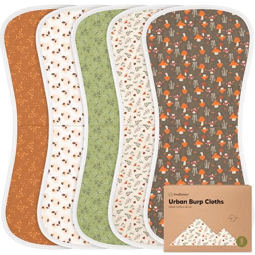 Organic Burp Cloths Baby Boy & Girl - 5-Pack Super Absorbent Cotton Burping Cloths for Babies, Soft & Plush Newborn Spit Up Rags, Infant Towels for Milk Spit Up, Unisex, Large 21" x 10" (Fall Spores)