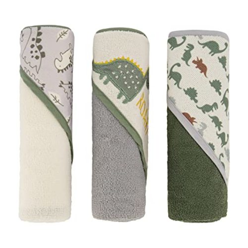 Cudlie Buttons & Stitches Baby Boy 3 Pack Rolled/Carded Hooded Towels in Dino Roar Print (GS71721) - 3 Pack hooded towel