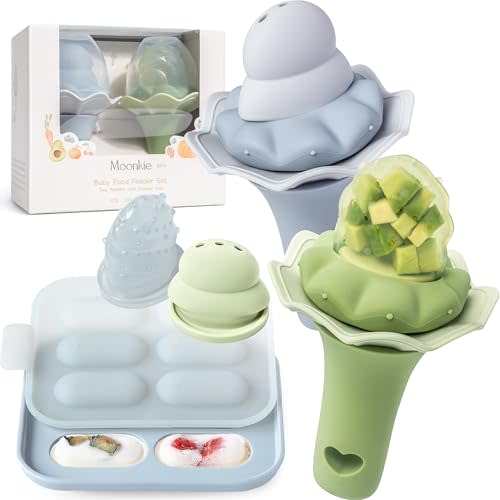 Moonkie Baby Fruit Feeder with Freezer Tray | BPA Free Silicone Infant Food Feeder | Two Sizes Pouches and Breastmilk Popsicle Molds for Cooling Relief | Baby Shower Gifts 4 Months+, 2 Pack