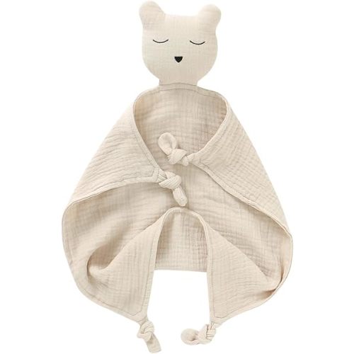 LAWKUL Baby Security Blanket Organic Cotton Muslin Soft Lovey Blankets Breathable Lovie for Babies Boy Girls Bear Camel