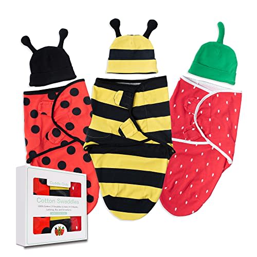 Cuddle Club Baby Swaddle | 100% Cotton Adjustable Velcro Newborn Blanket Wrap - with Novelty Hat Beanie