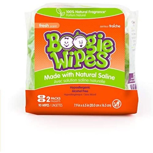 Boogie Wipes, Wet Wipes for Baby and Kids, Nose, Face, Hand and Body, Soft and Sensitive Tissue Made with Natural Saline, Aloe, Chamomile and Vitamin E, Fresh Scent, 45 Count (Pack of 2)