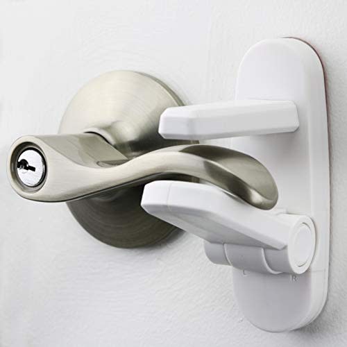 Door Lever Lock (4 Pack) Prevents Toddlers From Opening Doors. 3.25" L * 1.5" W * 4.5" H Easy One Hand Operation for Adults. Durable ABS with 3M Adhesive Backing. Simple Install, No Tools Needed.