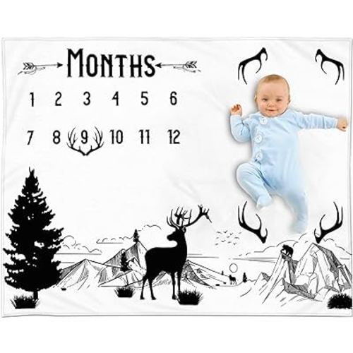 Baby Monthly Milestone Blanket Boy - Milestone Blanket for Baby Boy Includes Felt Antler Marker Piece, Baby Milestone Blanket for Boy or Girl, Month Milestones Blanket Baby Shower (Deer)