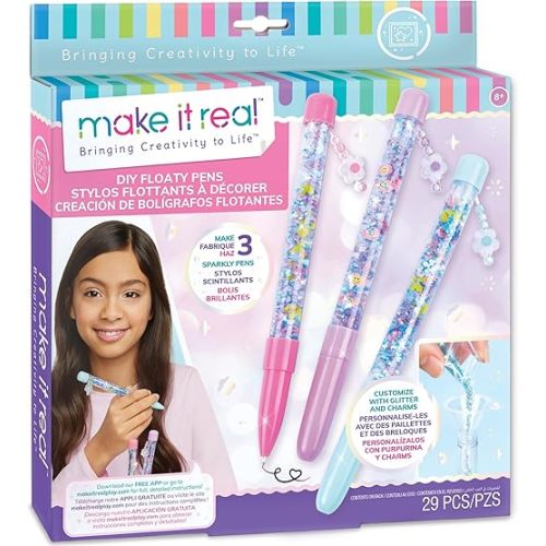 Make It Real DIY Floaty Pens Kit - Create 3 Sparkly, Customizable Pens with Glitter & Charms - Fun Craft for Tweens, Girls & Kids Ages 8+ -Mess-Free Creative Activity Great Gift for Artistic Kids