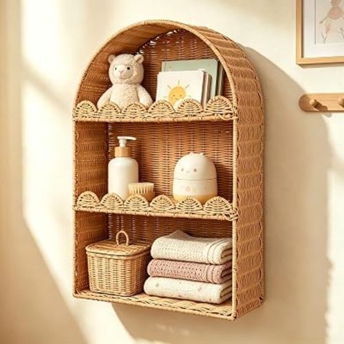 Rattan Wall Shelf 3-Tier Boho Arch Hanging Shelves 23.7x15.8'' Rattan Wicker Wall Shelf 3 Tier Woven Walls Shelf Decorative Rattan Floating Shelves for Boho Nursery Bathroom Living Room Wall Decor