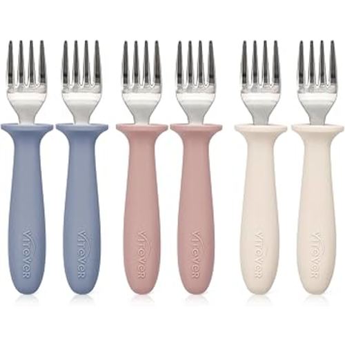 6 Pieces Toddler Forks，Kids Safe Utensils Set with Silicone Round Handle for Self Feeding，18/8 Stainless Steel Baby Forks，Children's Silverware Set BPA Free, Dishwasher Safe