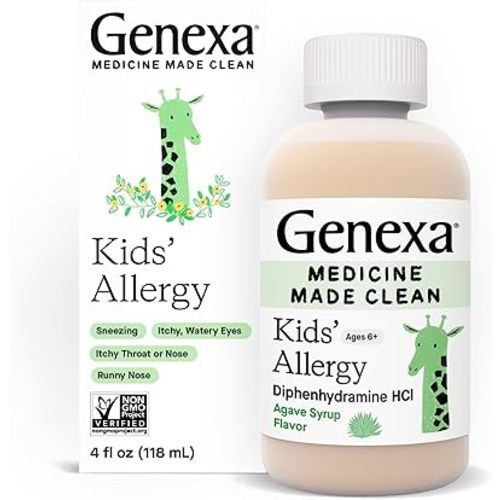 Genexa Kids’ Clean Allergy Antihistamine Medicine, Dye Free, 0% Artificial Additives, Multi Symptom Children's Allergy Relief, Delicious Organic Agave Flavor, Non-GMO & Gluten-Free, 4 fl oz