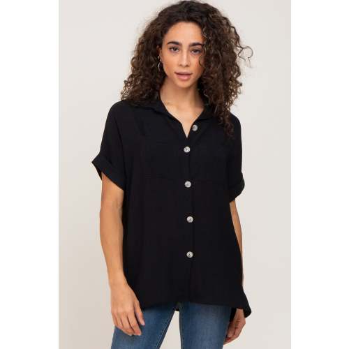 Black Collared Button-Down Short Sleeve Blouse– PinkBlush