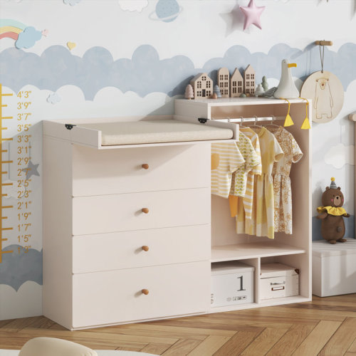Isabelle & Max™ 59.1" Baby Changing Table Dresser With Clothes Rack And Mirror, With Wide Changing Table Top And 4 Drawers, Modern Diaper Changing Station, Children's Room | Wayfair